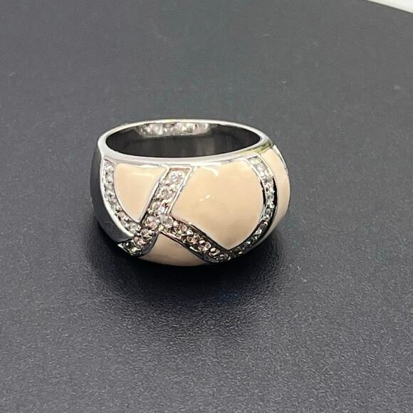 Vintage Sterling Silver Cream Enamel Rhinestone Striped Dome Ring Sz 8.25 - Picture 8 of 8
